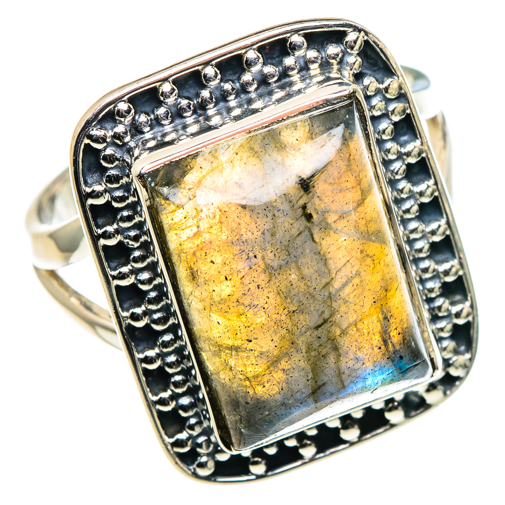 Labradorite ring with square golden stone and blue sheen in 925 sterling silver bezel