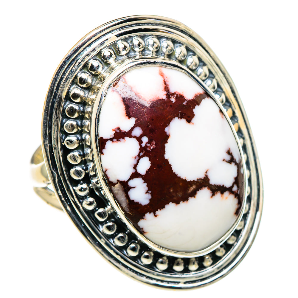 Large oval wild horse jasper cabochon sterling silver ring with beaded bezel