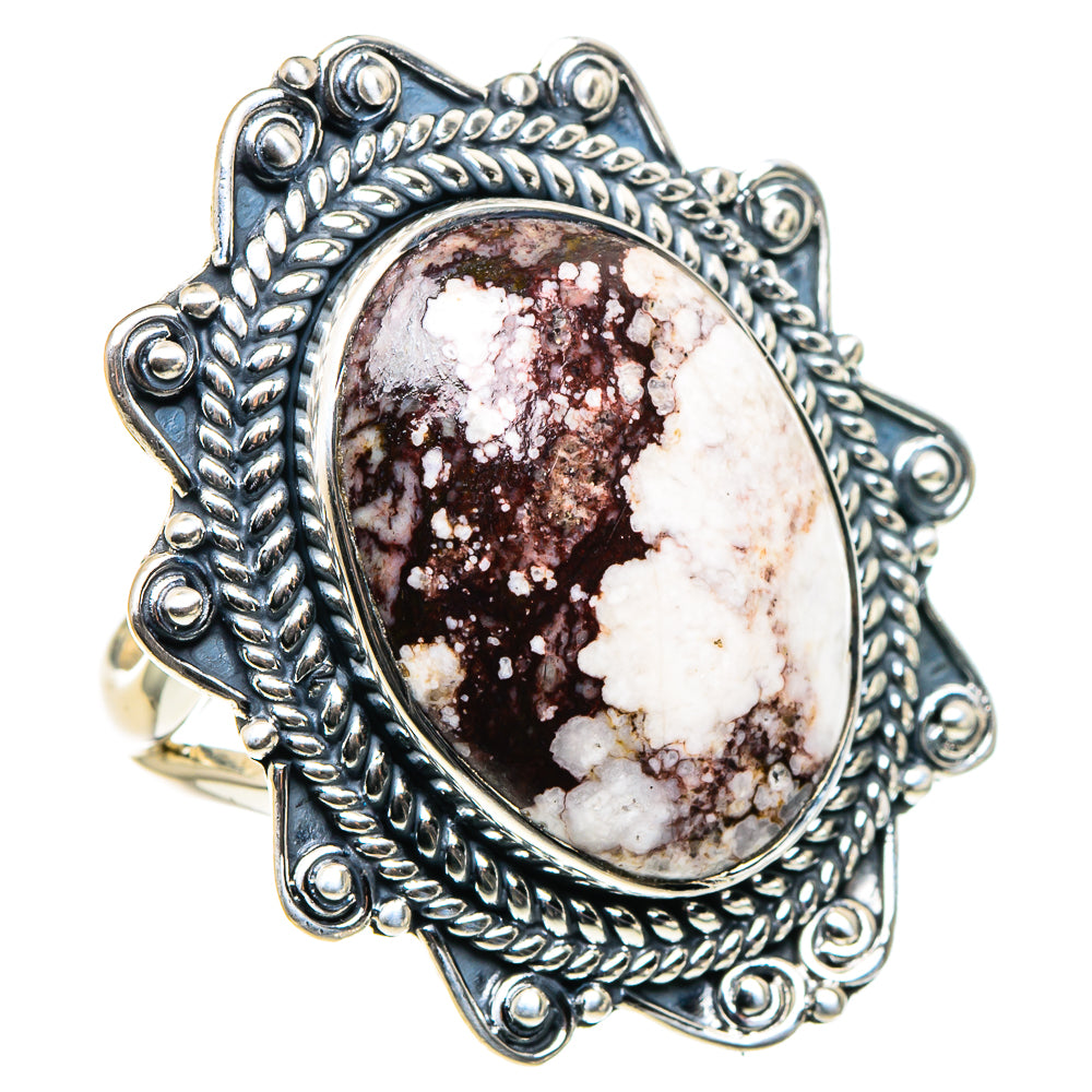 Silver-tone oval cabochon ring with red-and-white wild horse jasper and ornate bezel