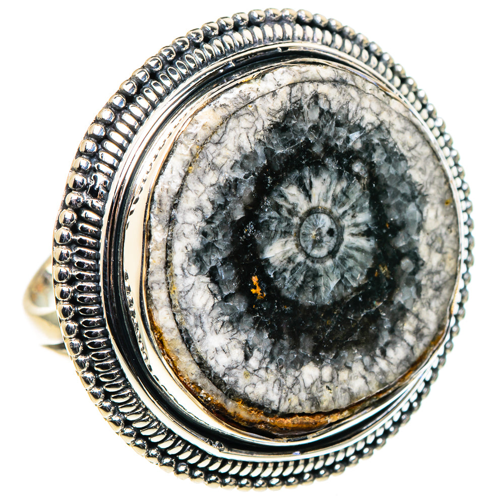 925 sterling silver goniatite fossil ring with oval black-and-white stone, beaded bezel