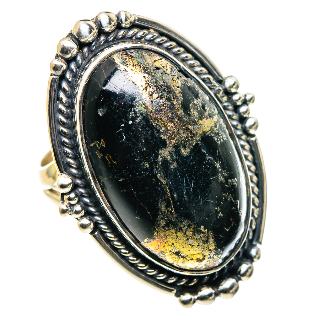 Oval black onyx ring, sterling silver with gold pyrite flecks, size 6.75