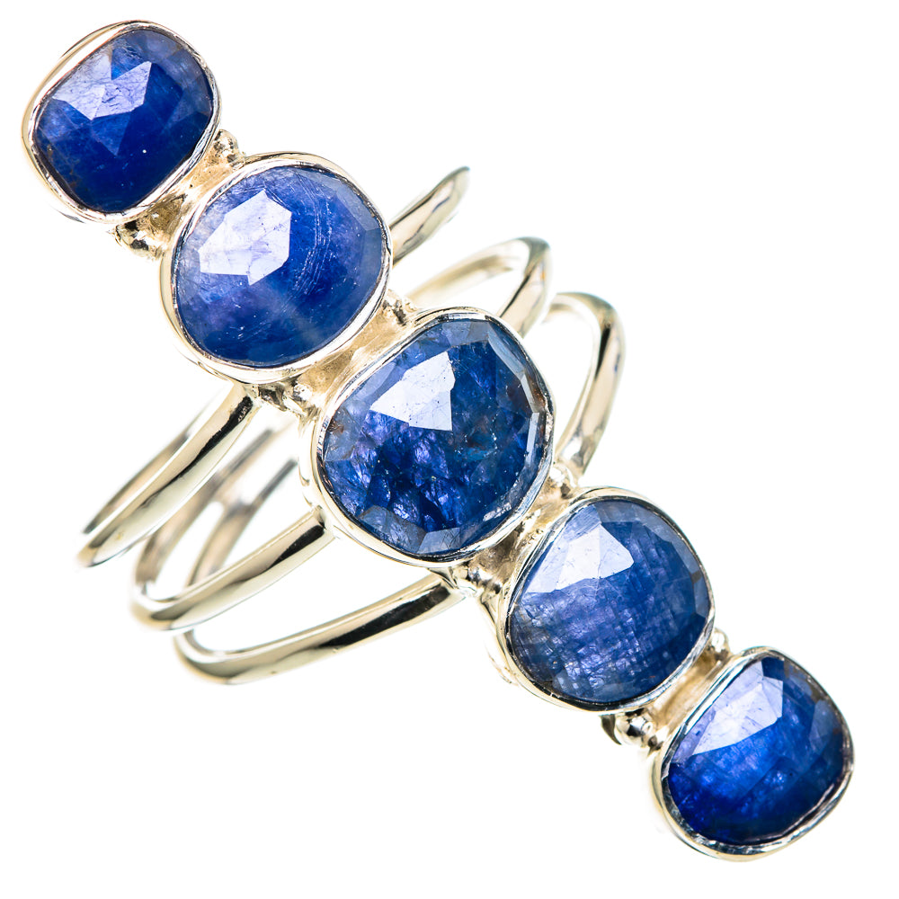 Oval blue sapphire gemstone 5-stone ring, 925 sterling silver, open band, size 9