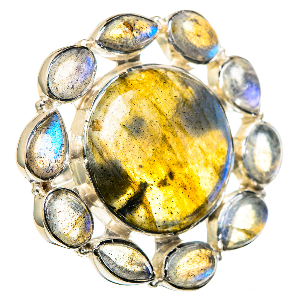 Sterling silver labradorite ring with large oval cabochon and small oval stone accents