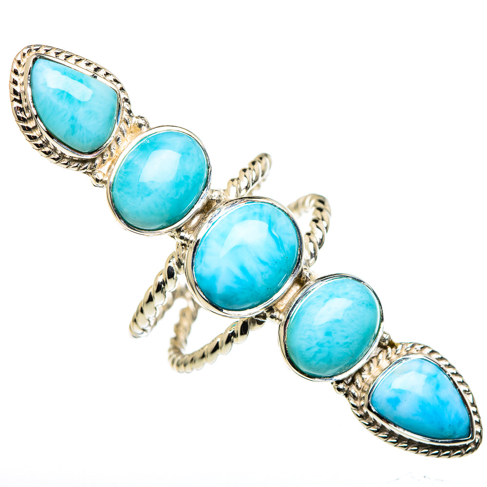 925 sterling silver ring with five blue larimar teardrop stones and rope-style details