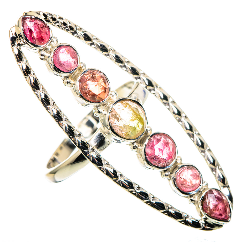 Pink tourmaline ring with diamond-cut sterling silver band and round stones, size 9