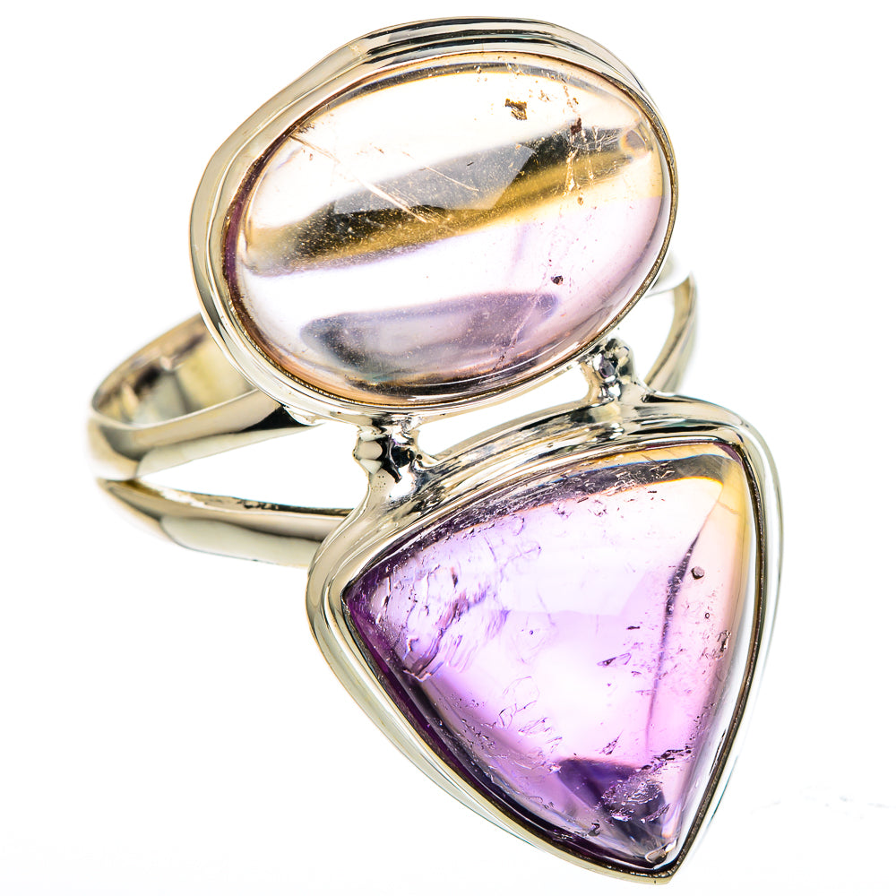Sterling silver ametrine ring with purple oval and teardrop gemstones, open prong