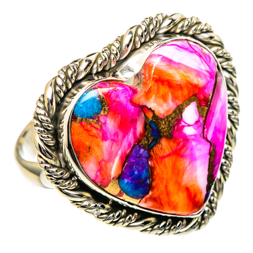 Sterling silver ring with heart-shaped multicolor gemstone center and braided-edge frame