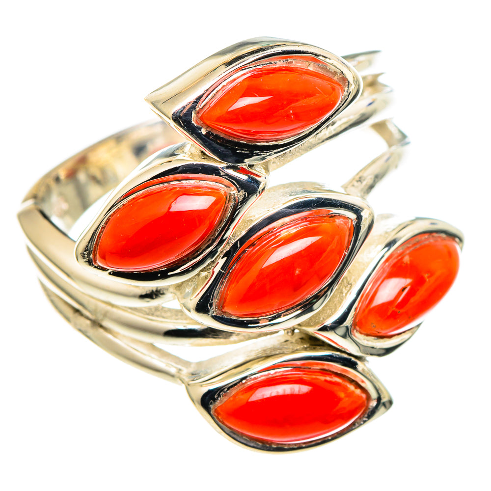Red coral marquise bezel ring with five stones, curved silver setting