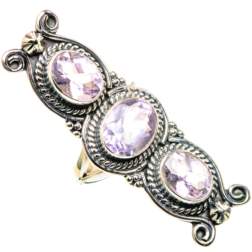 Sterling silver kunzite ring with three faceted oval stones and ornate settings