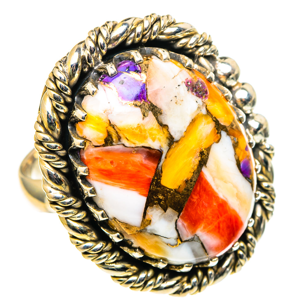Oval mosaic stone ring with purple and orange/red pieces, twisted rope silver frame