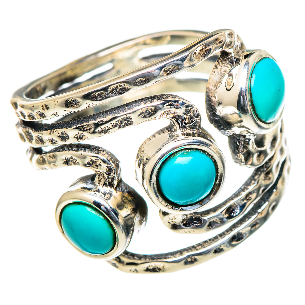 Turquoise cabochon sterling silver ring with three-stone layout and carved side texture, size 7.25