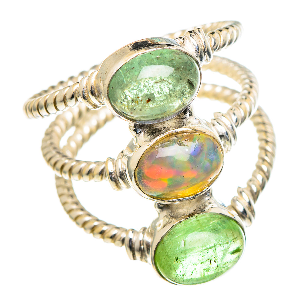 Sterling silver three-stone ring with green prehnite and iridescent opal center, oval settings