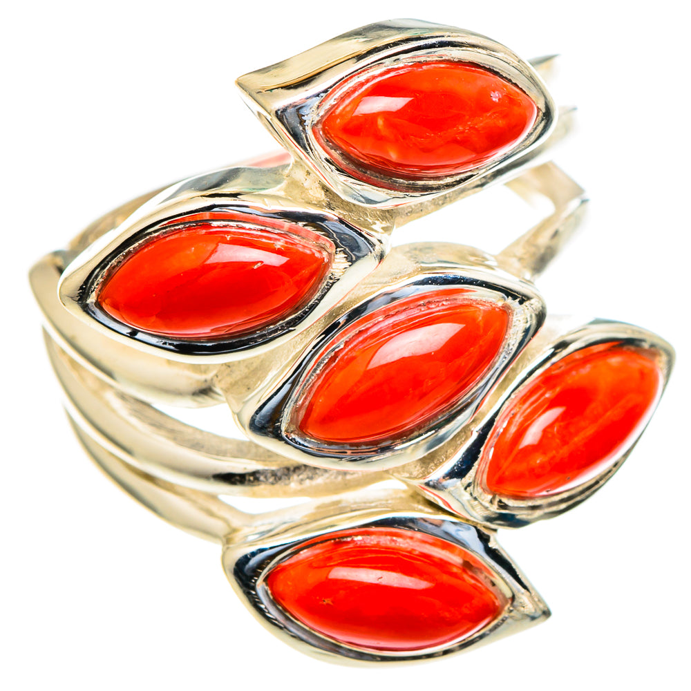Coral red marquise stone ring in 925 sterling silver, size 6.5, stacked setting