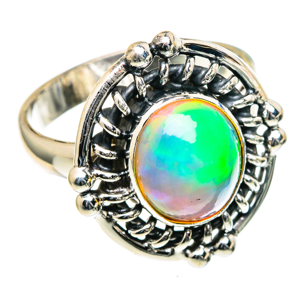 925 sterling silver opal ring, oval rainbow opal with ornate black beadwork