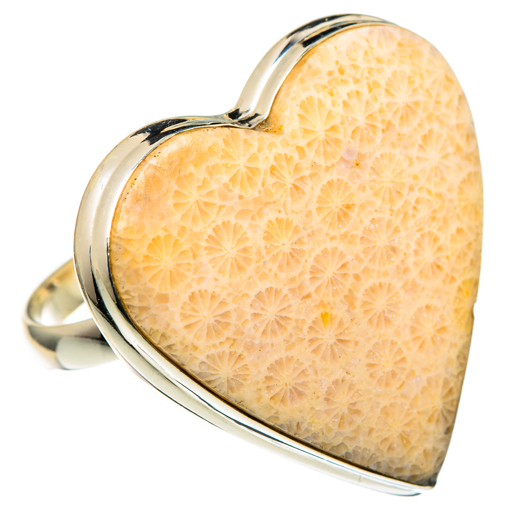 Heart-shaped fossil coral ring with 925 sterling silver bezel, golden textured inlay.