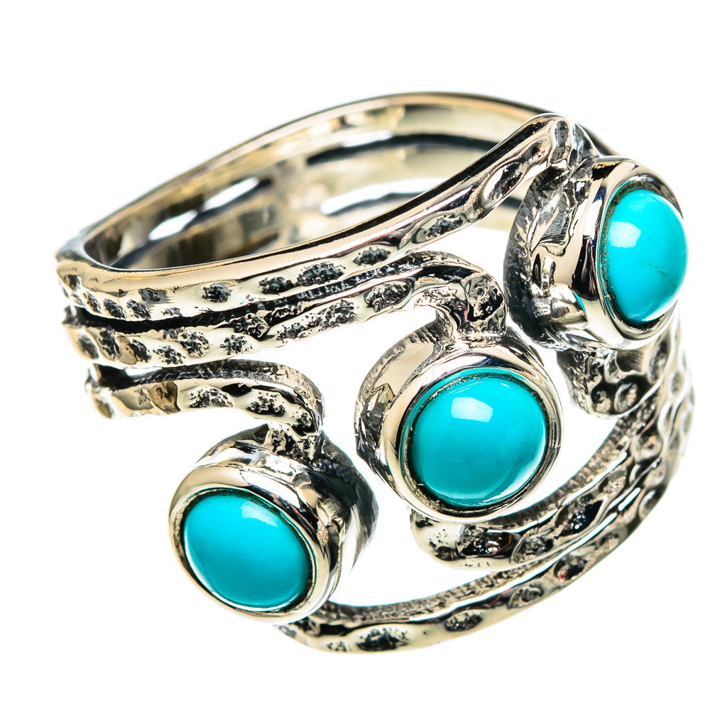 Turquoise cabochon sterling silver ring, ornate swirl setting with three blue-green stones