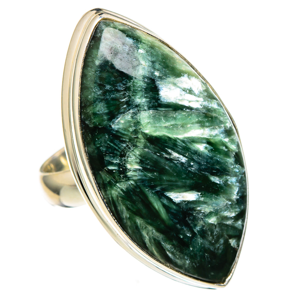 Marquise-style oval seraphinite cabochon ring, 925 sterling silver band and dark green stone