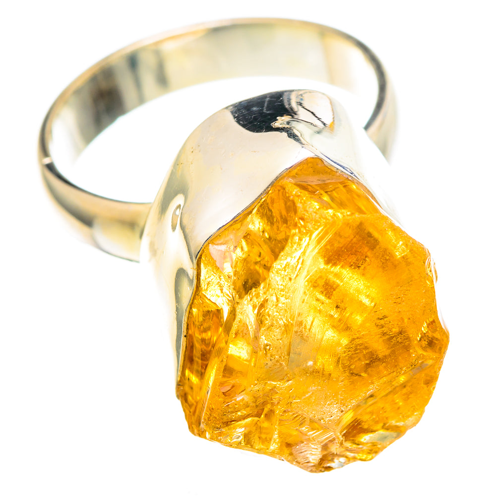 Rough citrine sterling silver ring with large yellow-orange faceted stone, side view