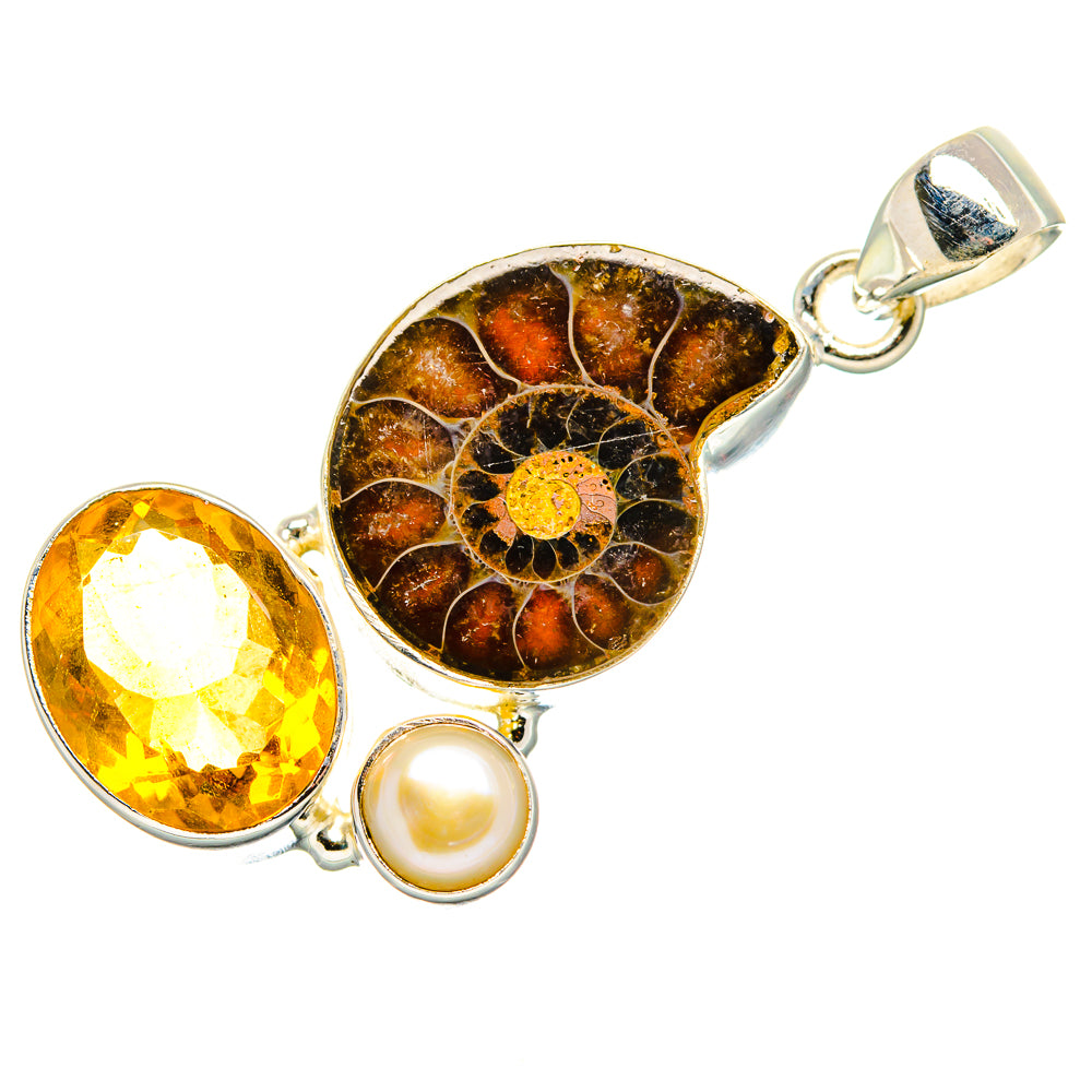 Ammonite Fossil, Citrine, Cultured Pearl Pendant 1 3/4" (925 Sterling Silver) PD36920