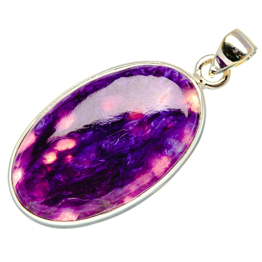 Oval purple charoite gemstone pendant in polished 925 sterling silver bezel, with bail
