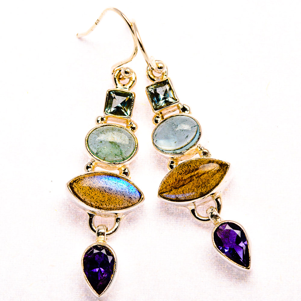 Labradorite, Tanzanite, Aquamarine, Blue Topaz Earrings 1 7/8" (925 Sterling Silver) EARR431906