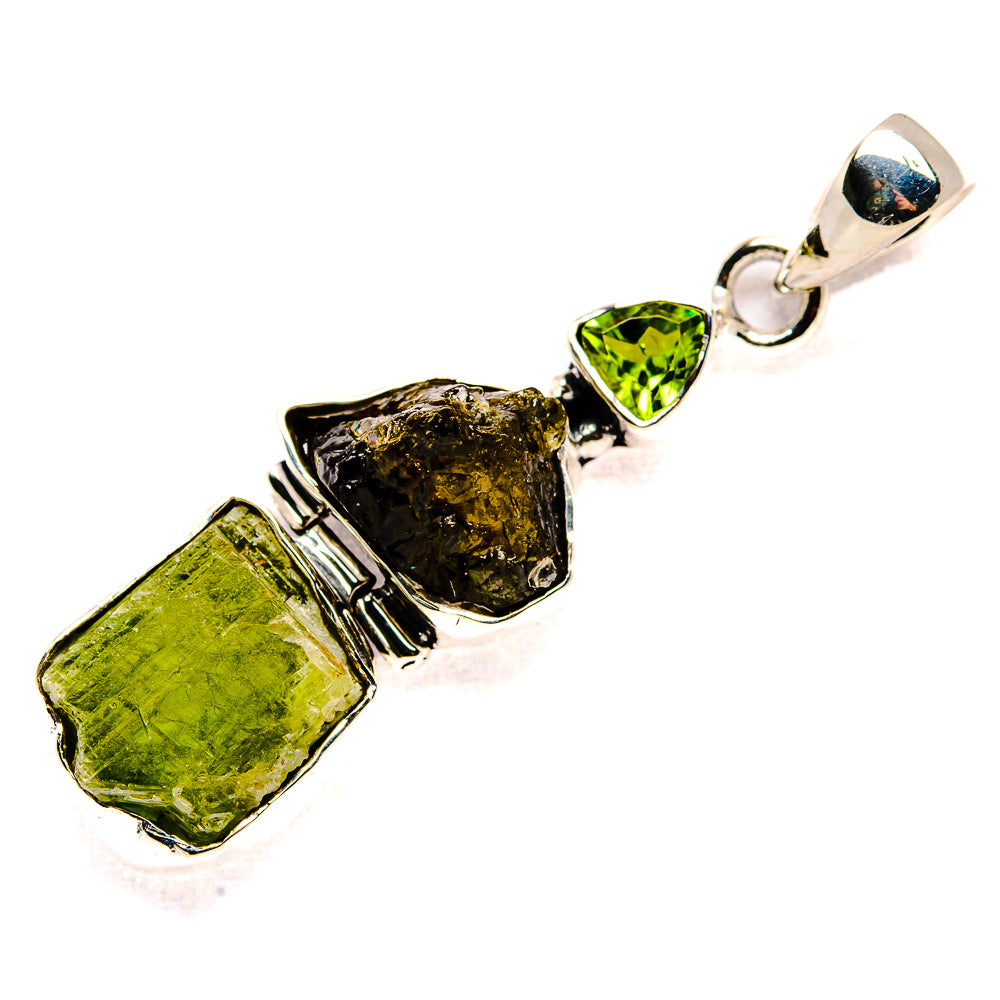 Rough peridot pendant in 925 sterling silver with green and dark rough stones, side view.