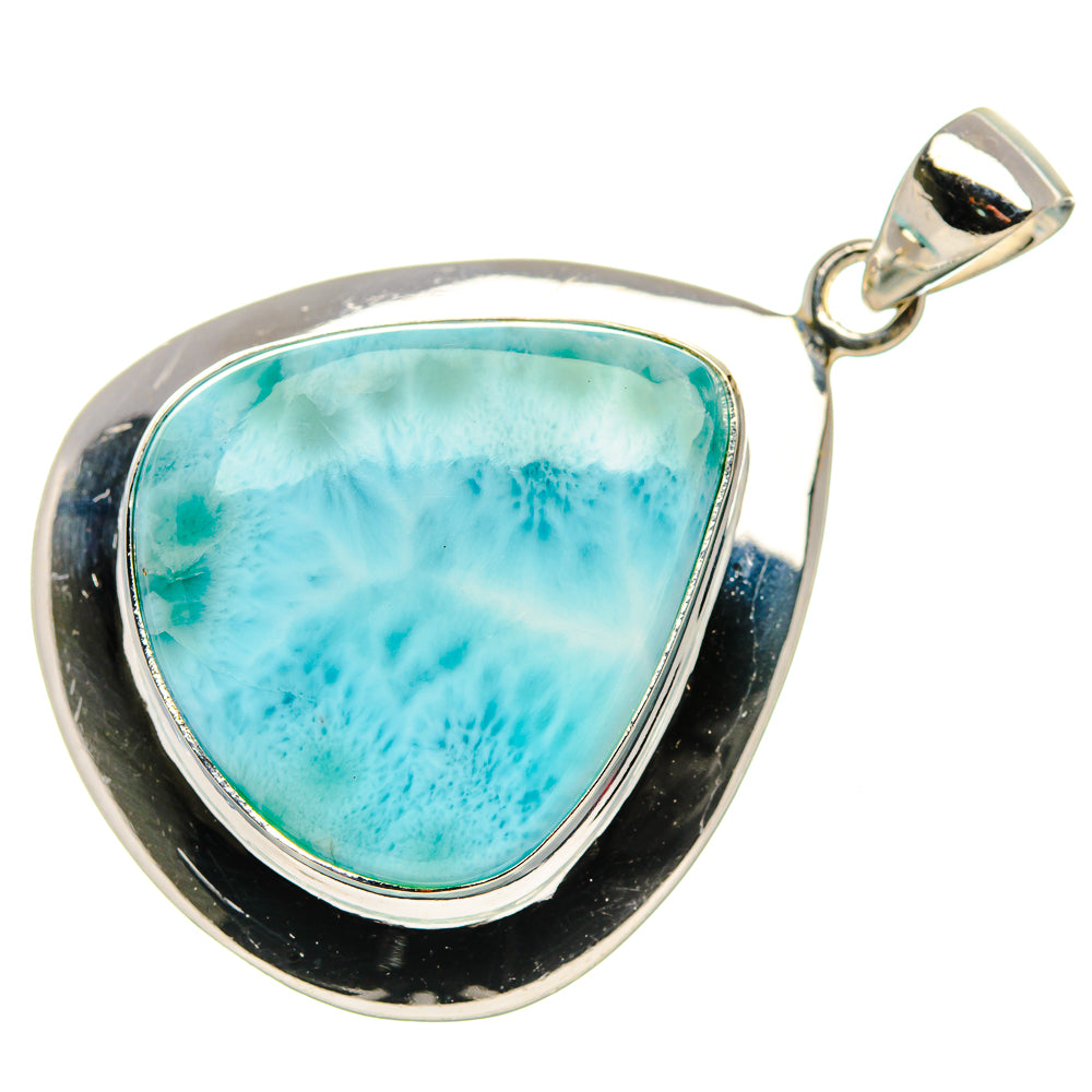 Teardrop larimar stone in sterling silver pendant with loop bail and light blue cabochon