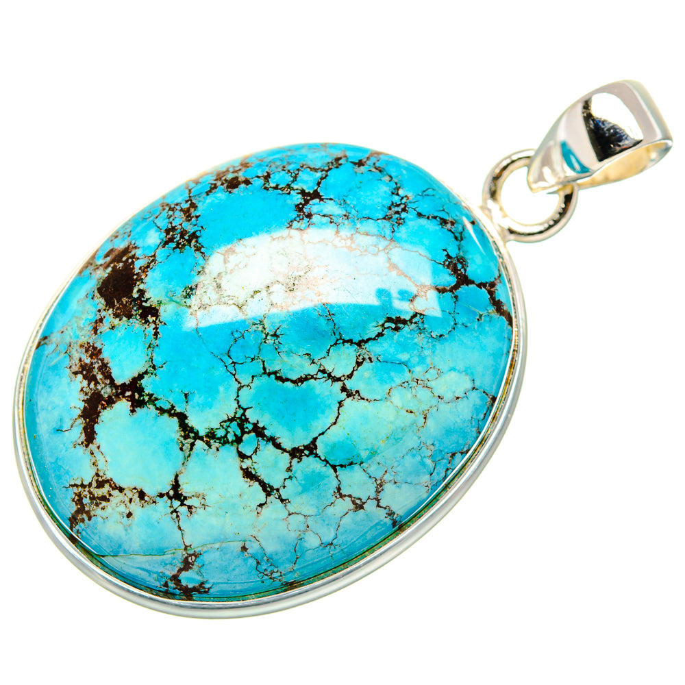 Oval turquoise cabochon pendant, polished 925 sterling silver bezel and loop bail
