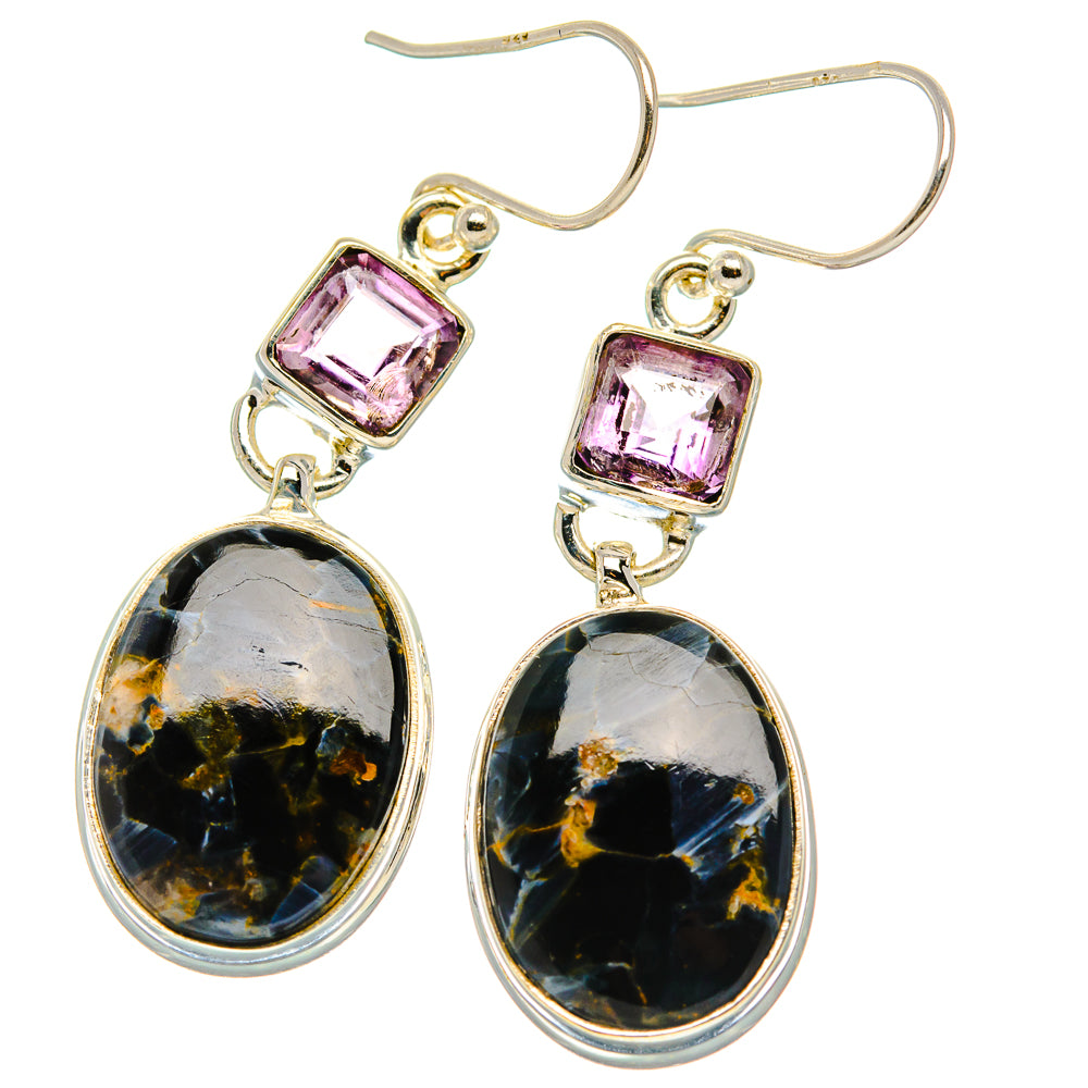 Pietersite, Amethyst Earrings 1 3/4" (925 Sterling Silver) EARR431627
