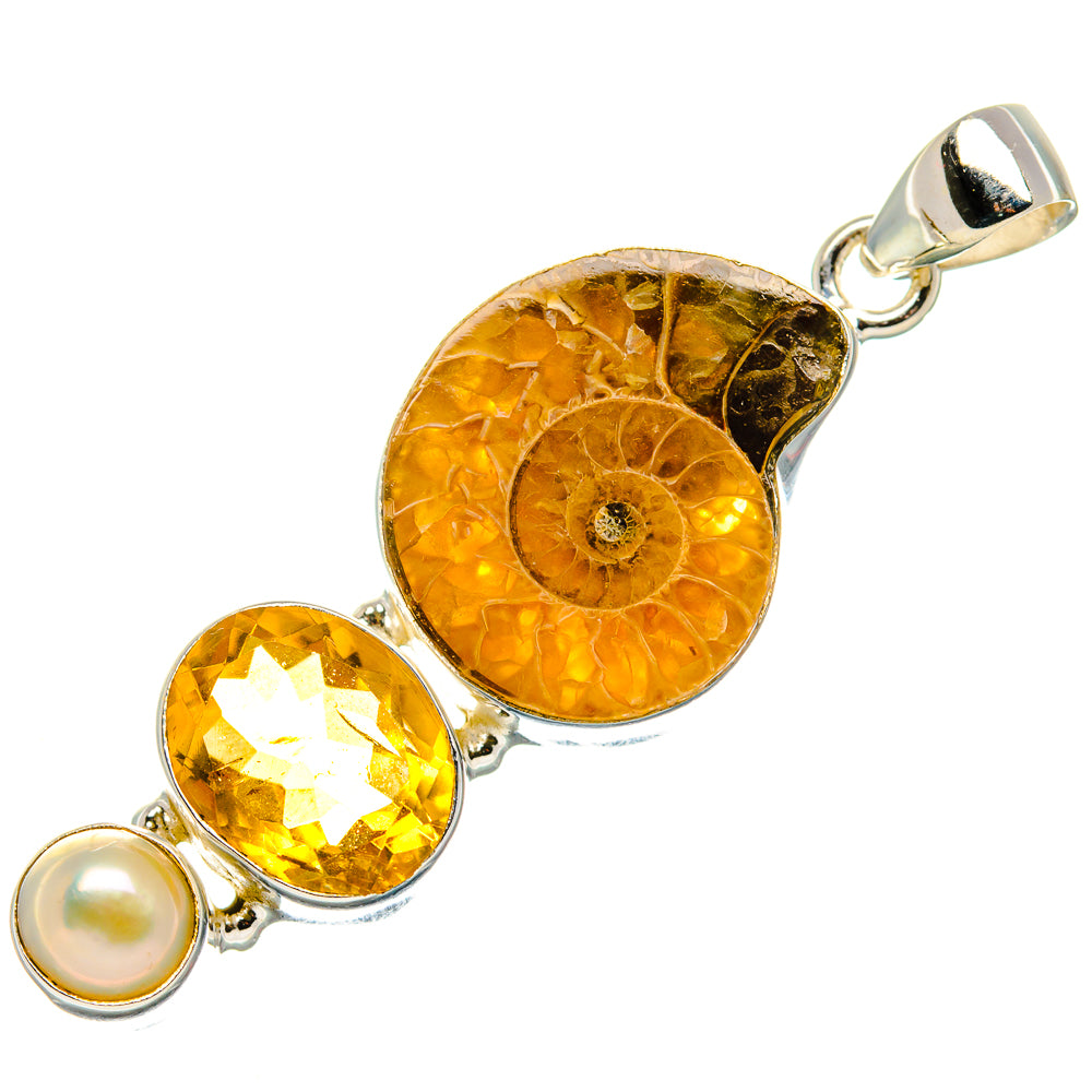 Ammonite Fossil, Citrine, Cultured Pearl Pendant 2" (925 Sterling Silver) PD37169