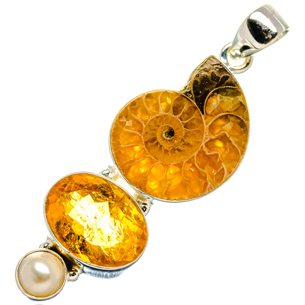 Ammonite Fossil, Citrine, Cultured Pearl Pendant 2" (925 Sterling Silver) PD37244
