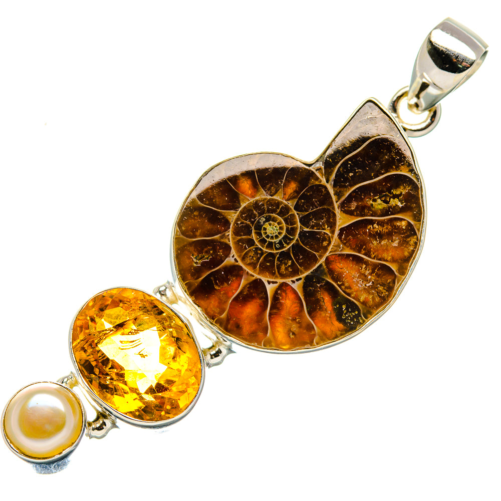 Ammonite Fossil, Citrine, Cultured Pearl Pendant 2 1/8" (925 Sterling Silver) PD37288