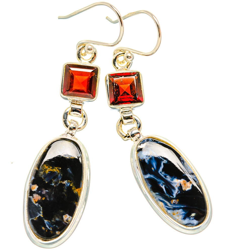 925 sterling silver drop earrings with red square garnet tops and oval pietersite pendants