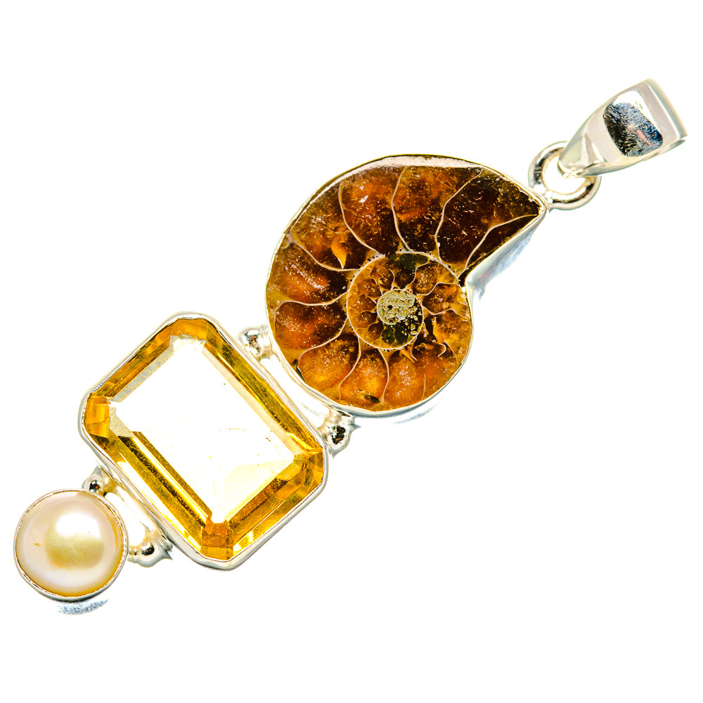 Ammonite Fossil, Citrine, Cultured Pearl Pendant 2" (925 Sterling Silver) PD36936