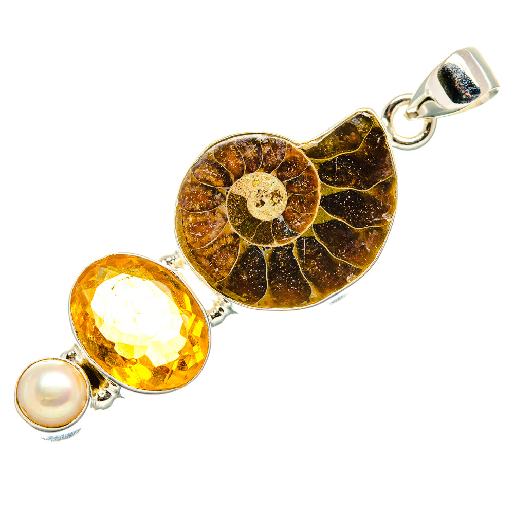Ammonite Fossil, Citrine, Cultured Pearl Pendant 2" (925 Sterling Silver) PD36934