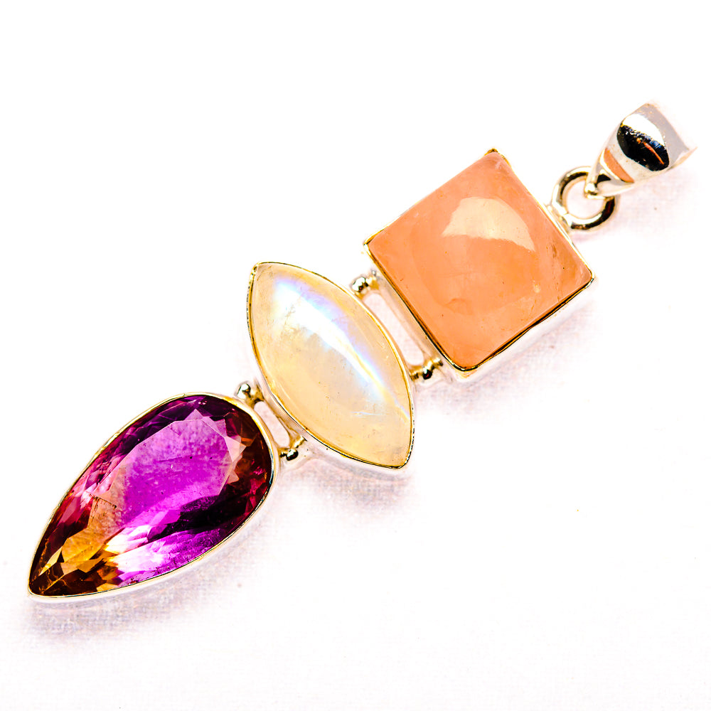 Faceted Ametrine, Rose Quartz, Rainbow Moonstone Pendant 2 1/4" (.925 Sterling Silver)