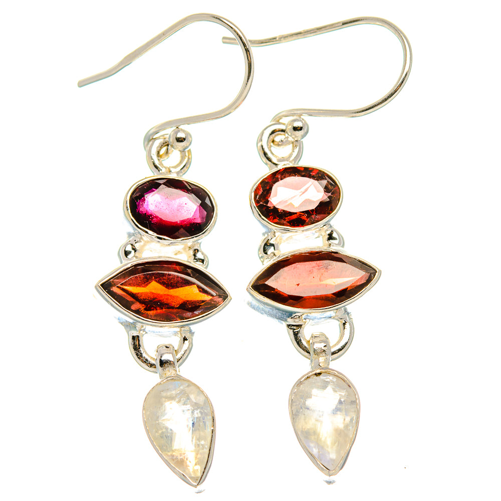 Garnet, Rainbow Moonstone Earrings 1 3/4" (925 Sterling Silver) EARR431639