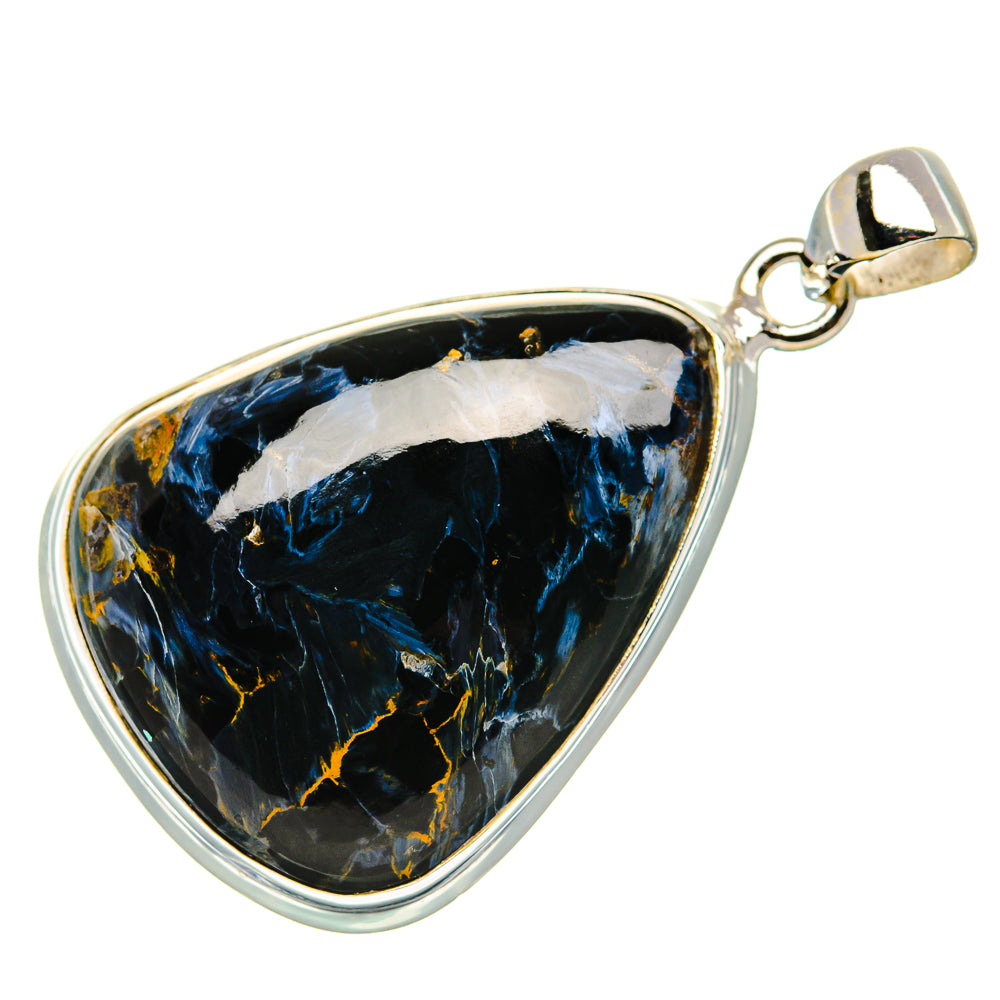 Sterling silver pietersite pendant with teardrop bezel, black-blue stone with gold veining