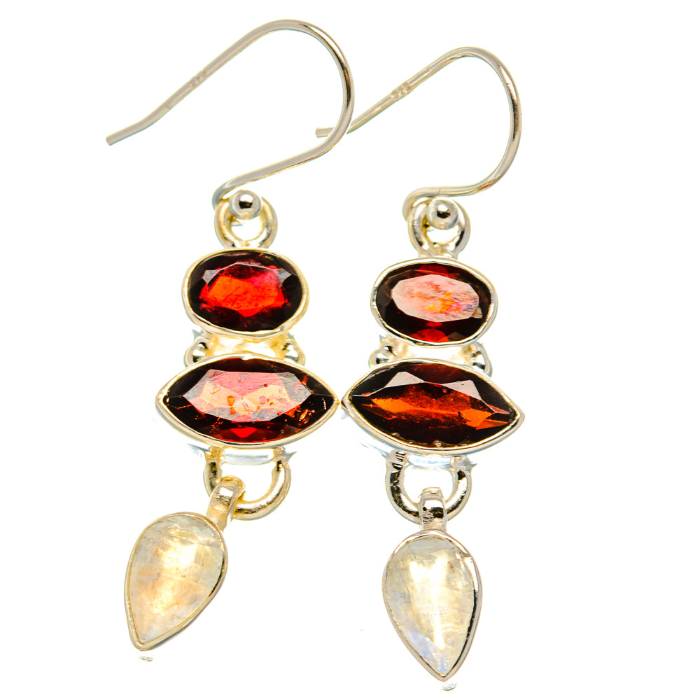 Garnet, Rainbow Moonstone Earrings 1 3/4" (925 Sterling Silver) EARR431629