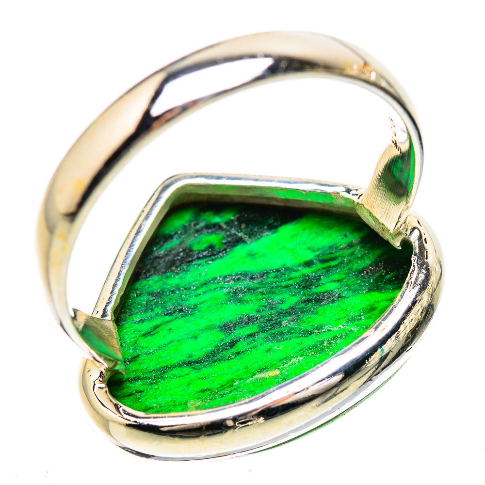 Sterling silver ring with green oval stone in bezel setting, open top view, size 10