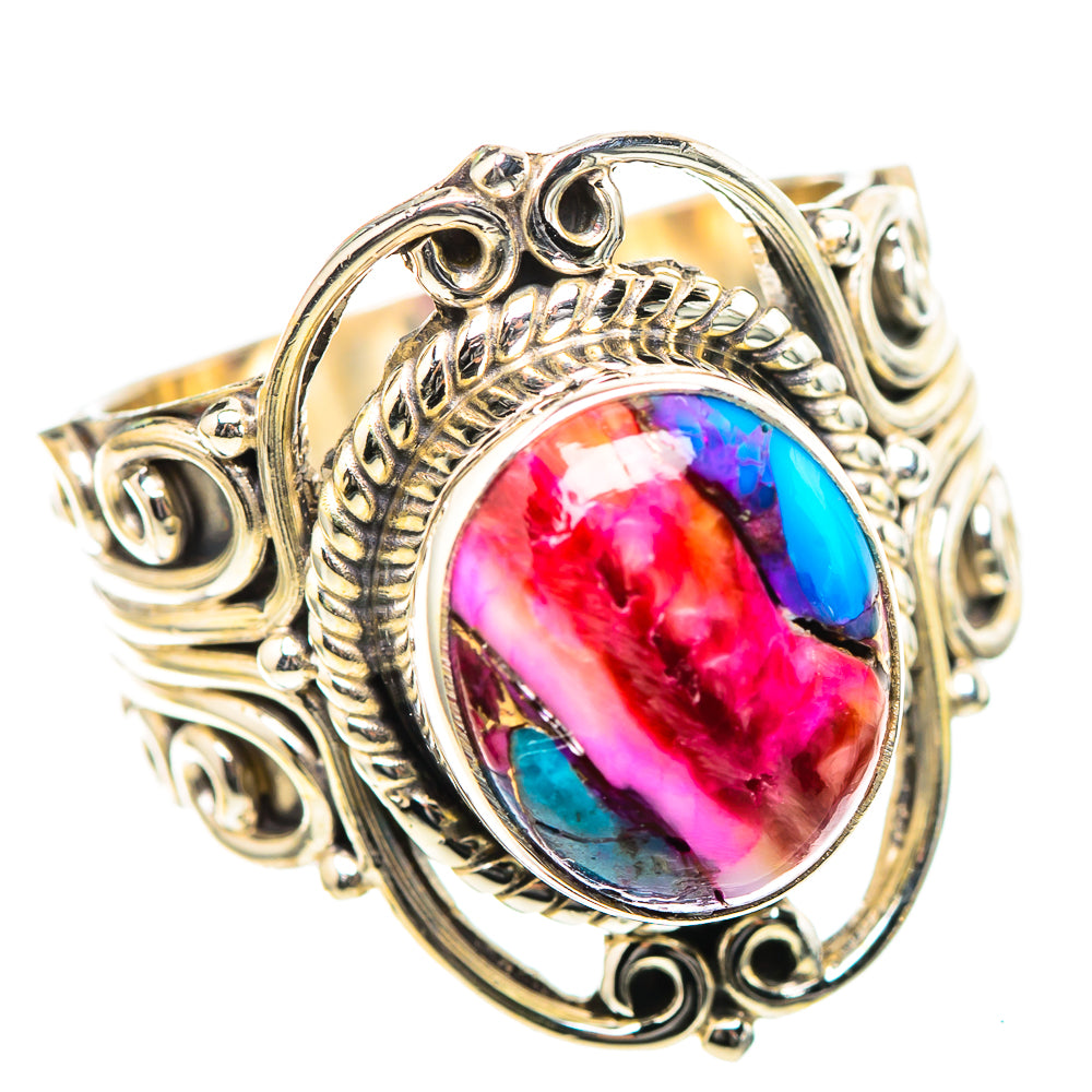 Oval gemstone filigree silver ring with red, blue, and pink swirl