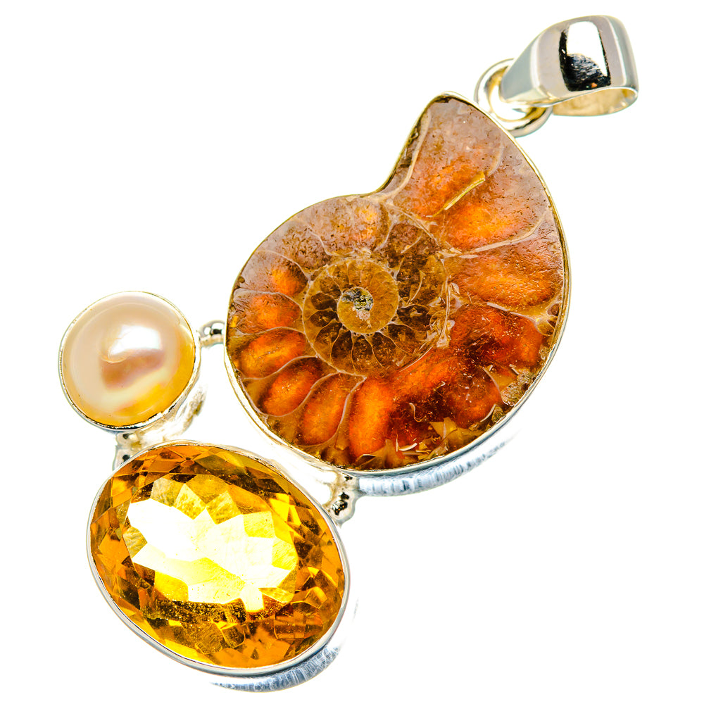 Ammonite Fossil, Citrine, Cultured Pearl Pendant 2" (925 Sterling Silver) PD37274