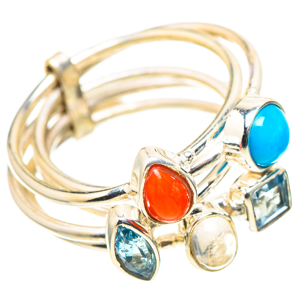 Larimar, Red Coral, Blue Topaz, Rainbow Moonstone 925 Sterling Silver Ring Size 7.5 (925 Sterling Silver) RING137506