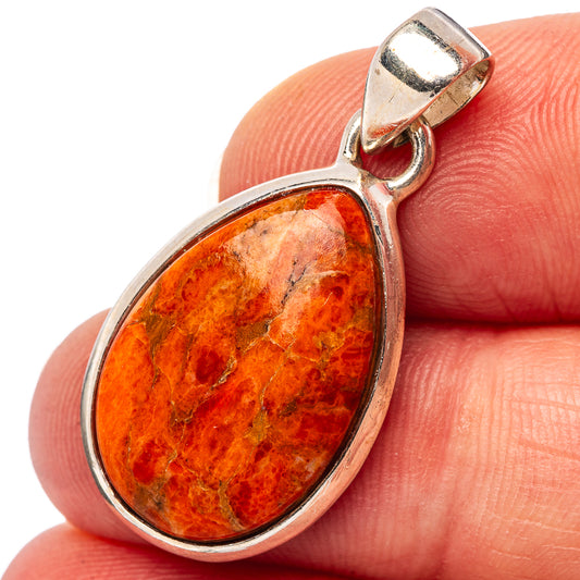 Sponge coral teardrop pendant, .925 sterling silver, orange-red stone