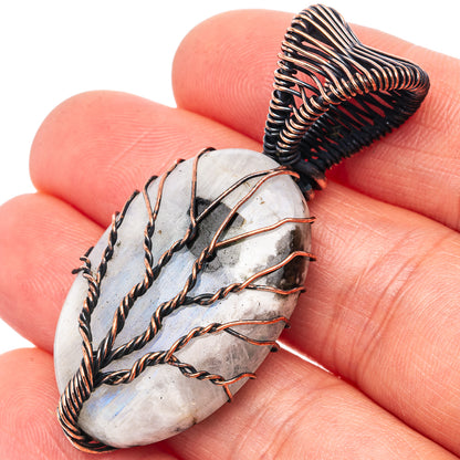 Rainbow Moonstone with Black Tourmaline Tree of Life Pendant 1 7/8" (Oxidized Copper)