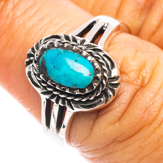 Turquoise cabochon silver ring with oval bezel and rope border, .925 sterling, size 6.5