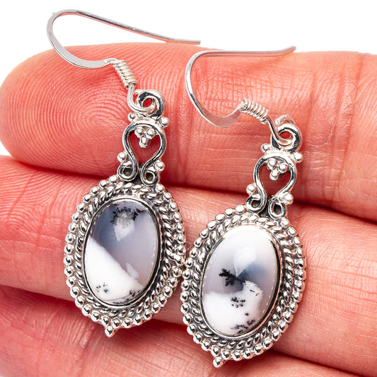 Oval dendritic opal drop earrings in .925 sterling silver with ornate beaded frame