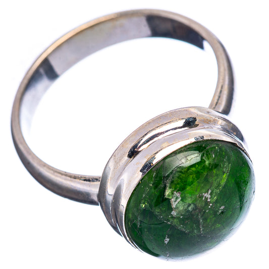 Sterling silver ring with oval green chrome diopside gemstone, side view