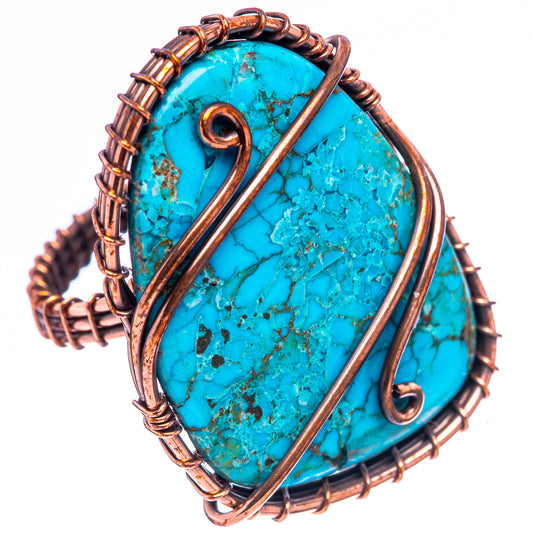 Turquoise oval cabochon copper ring with wire wrap bezel and oxidized finish