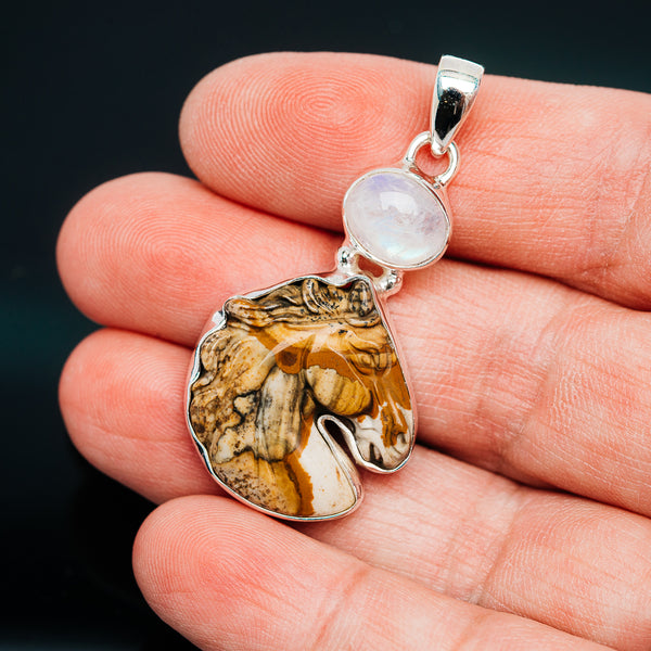 Premium Picture Jasper Horse, Rainbow Moonstone Pendant 1 3/4" (.925 Sterling Silver)
